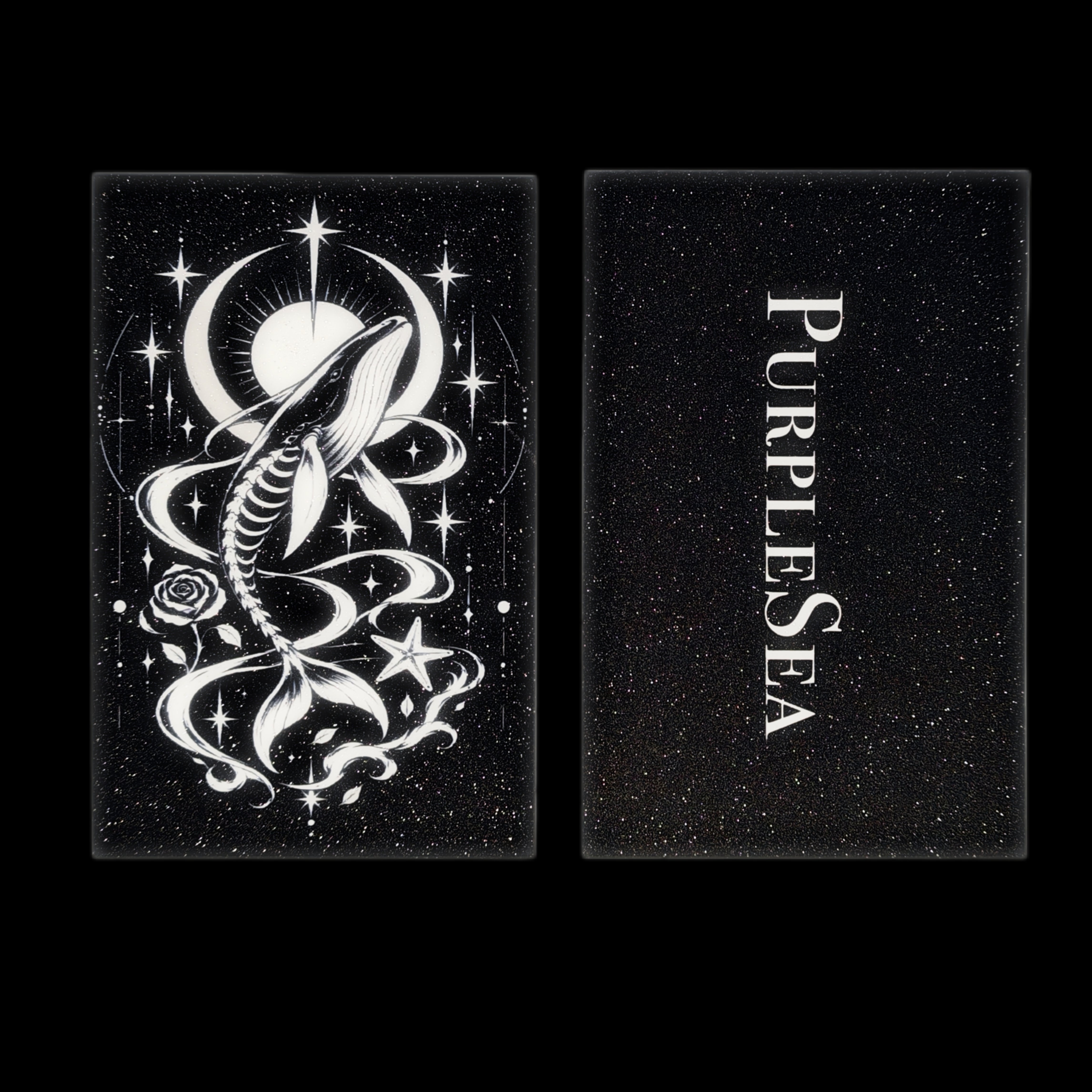 PurpleSea Death Celestial Whale tarot postcard, front and reverse views; a white whale rising through a crescent moon, stars, and flowing celestial lines.