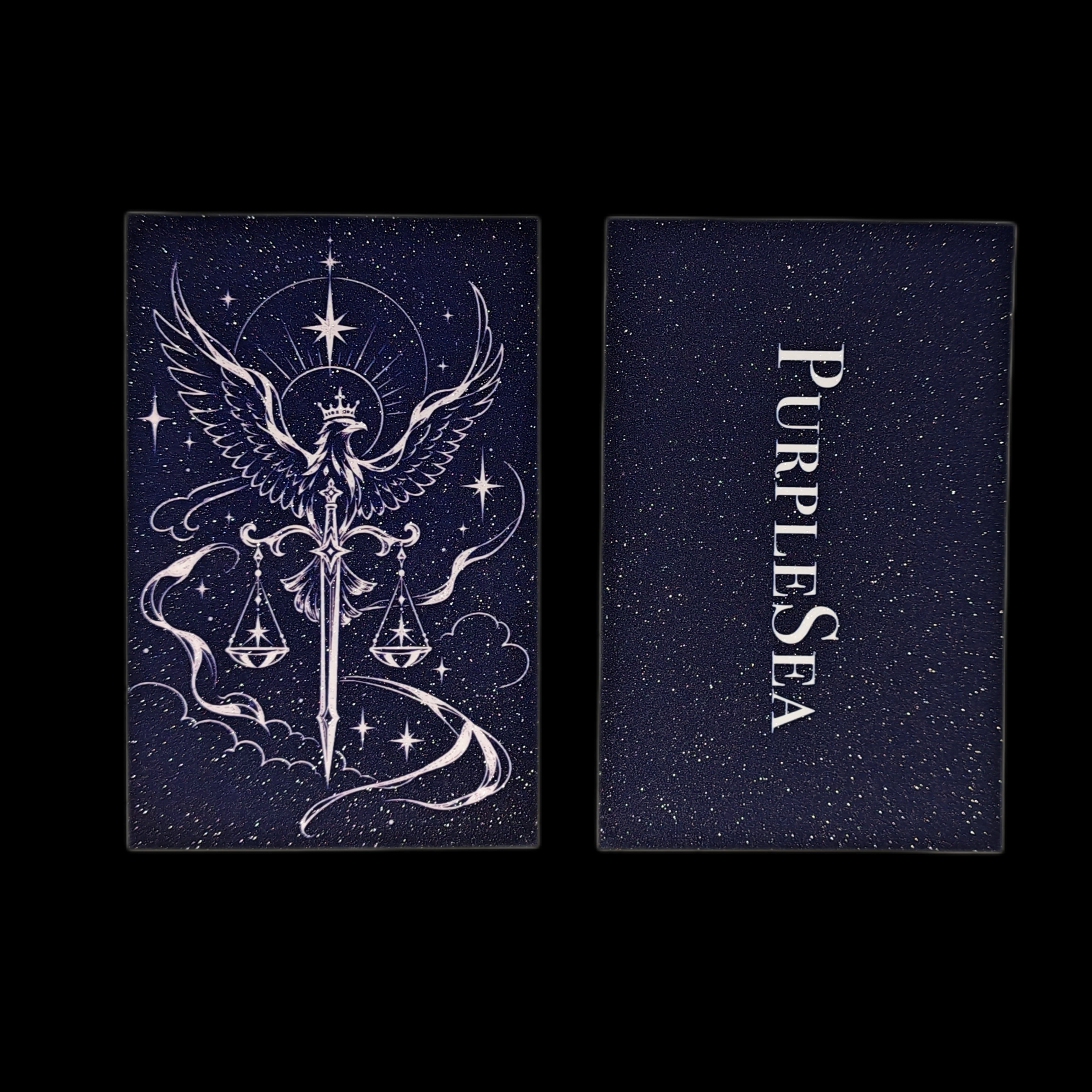 PurpleSea Justice Eagle & Scales tarot postcard, front and reverse views; a crowned spread-winged eagle above balanced scales and a sword on a starry dark background.