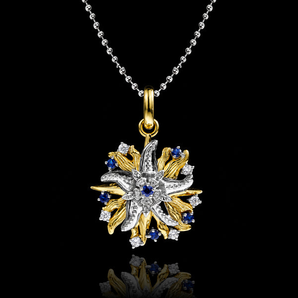 PurpleSea Reborn Starfish Pendant, two-tone starfish pendant with silver textured arms, gold accents and clear stone details, front view hanging on a chain against a black background