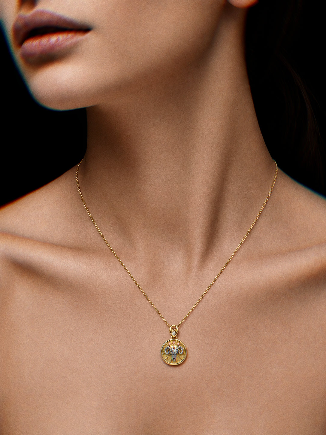 PurpleSea Goat Head Pendant, gold-tone round pendant with a goat head motif, clear stones and celestial-style detailing, shown worn as a necklace on a model