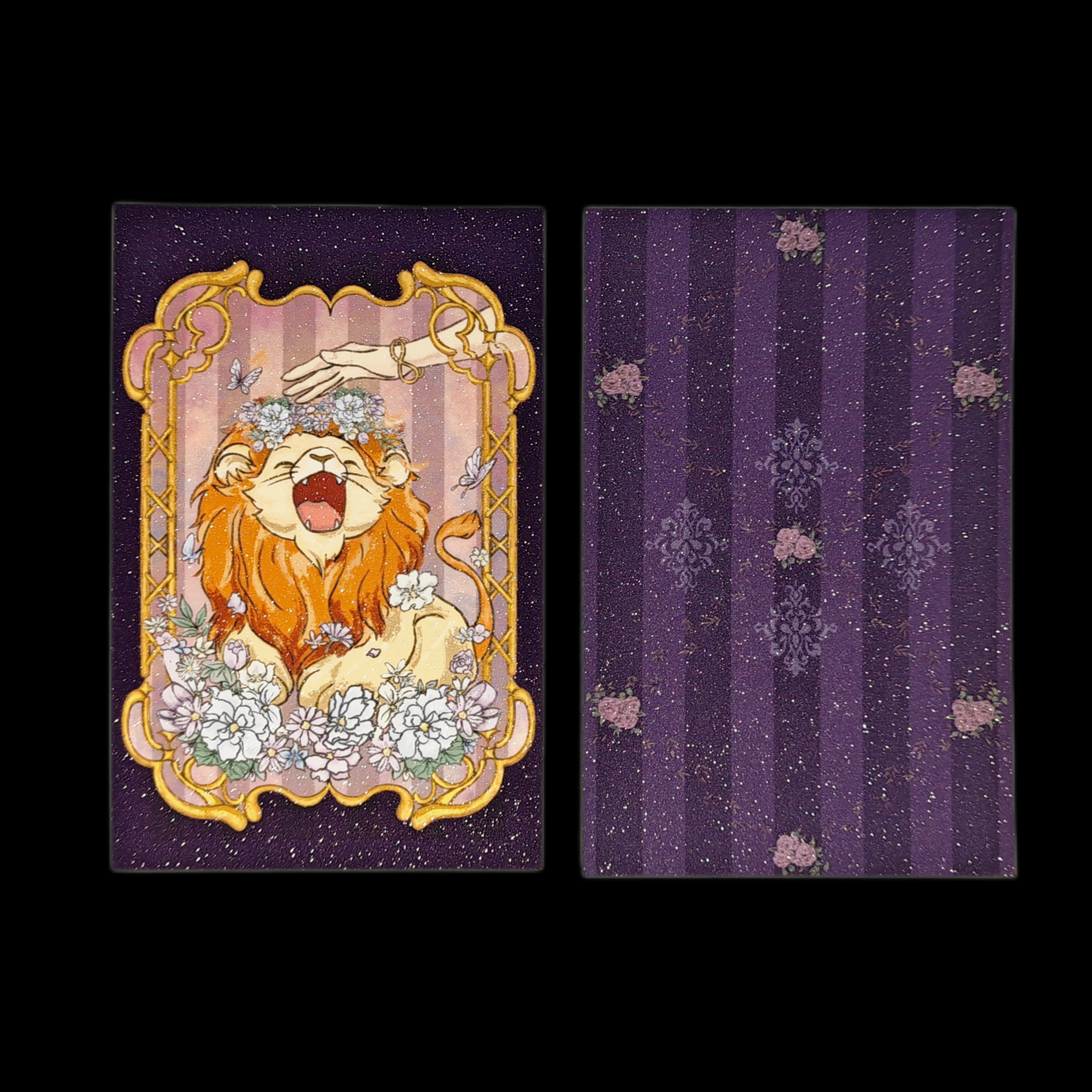 PurpleSea Strength Floral Lion tarot postcard, front and reverse views; a golden lion surrounded by pale flowers beneath a hand and an infinity symbol.