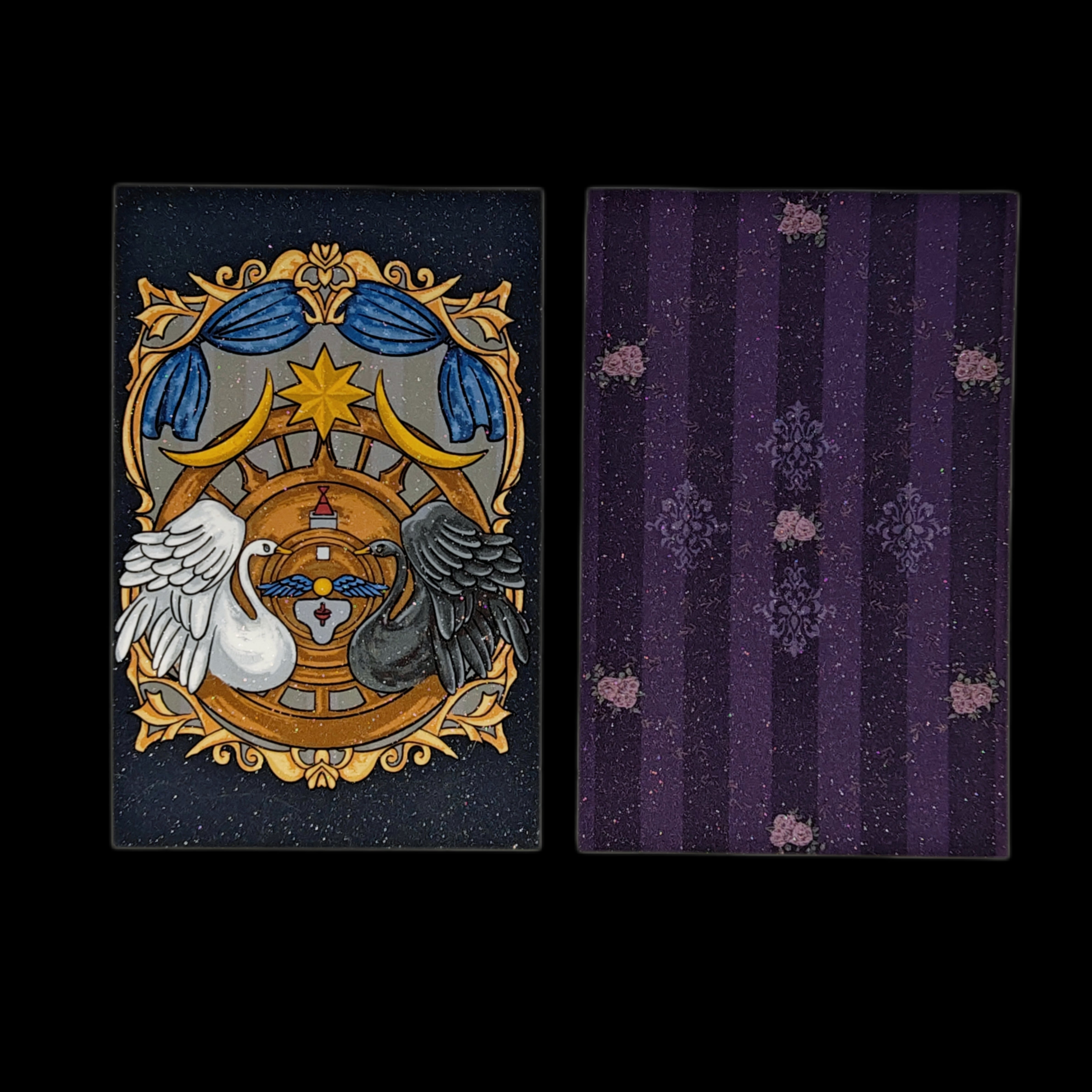 PurpleSea Temperance Black & White Swans tarot postcard, front and reverse views; a black swan and a white swan beside a golden vessel beneath a star and blue curtains.