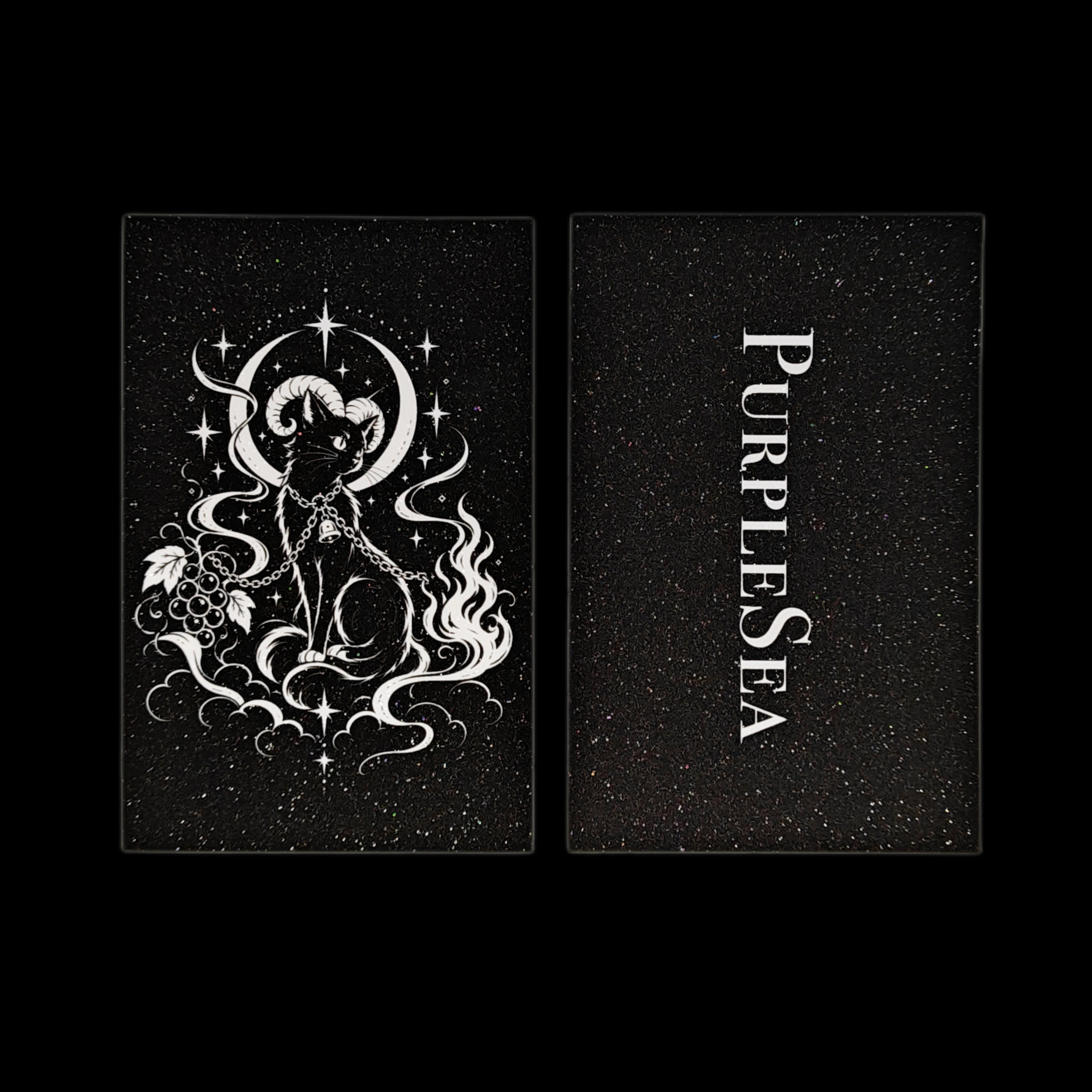 PurpleSea The Devil Celestial Cat tarot postcard, front and reverse views; a horned cat within crescent moons, flowing lines, and flame motifs on a black background.