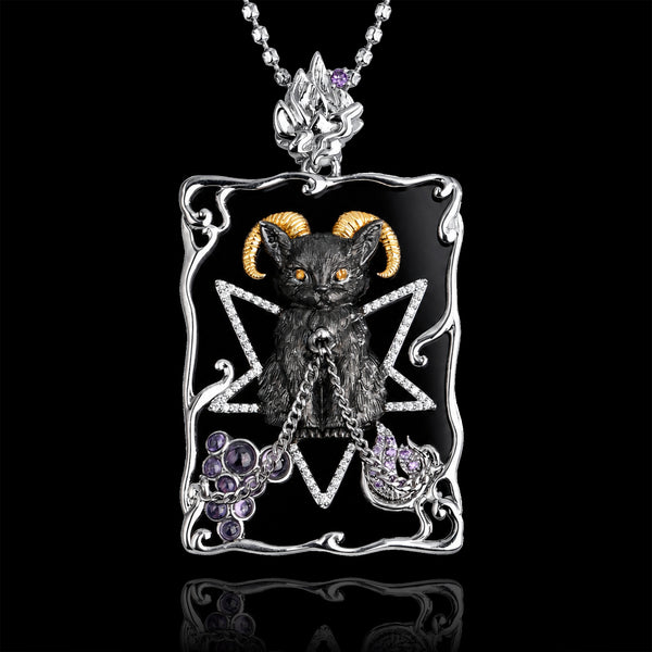 PurpleSea The Devil Tarot Pendant, silver-tone rectangular pendant with black enamel, a horned figure and purple accents, front view on a black background