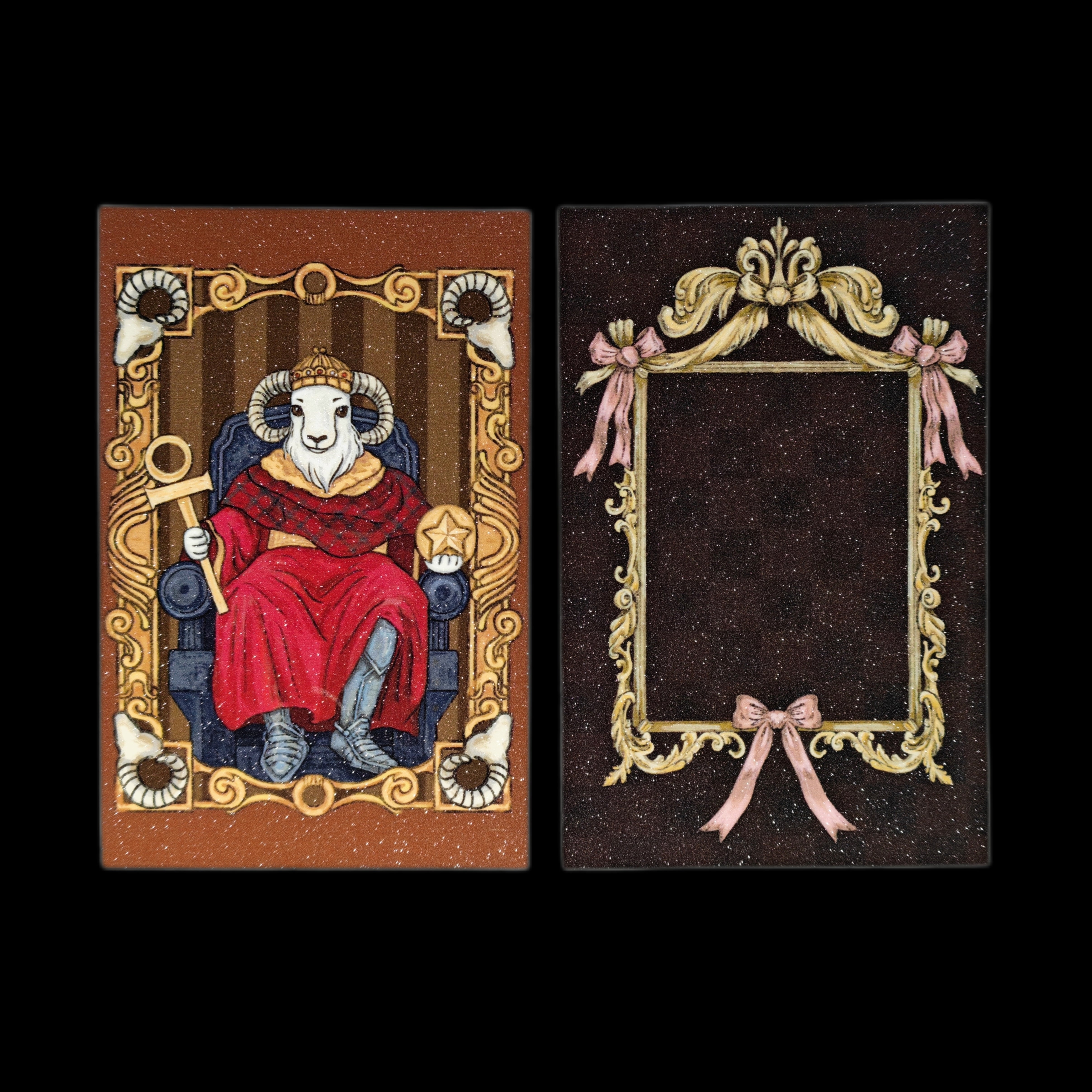 PurpleSea The Emperor Royal Ram tarot postcard, front and reverse views; a crowned ram in a red robe seated on a throne holding a staff and pentacle.