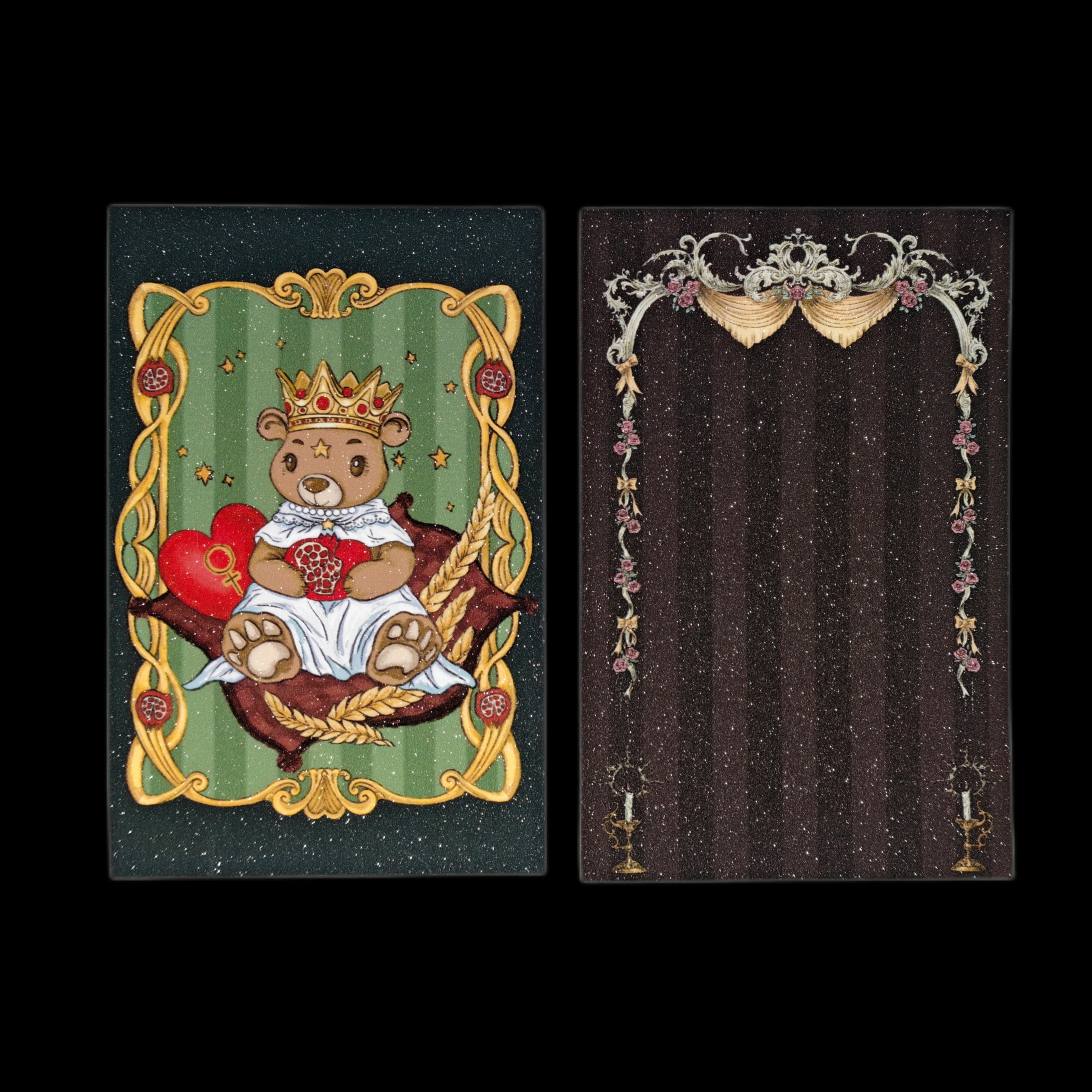 PurpleSea The Empress Crowned Bear tarot postcard, front and reverse views; a crowned brown bear holding a rose beside a red heart on a green background.
