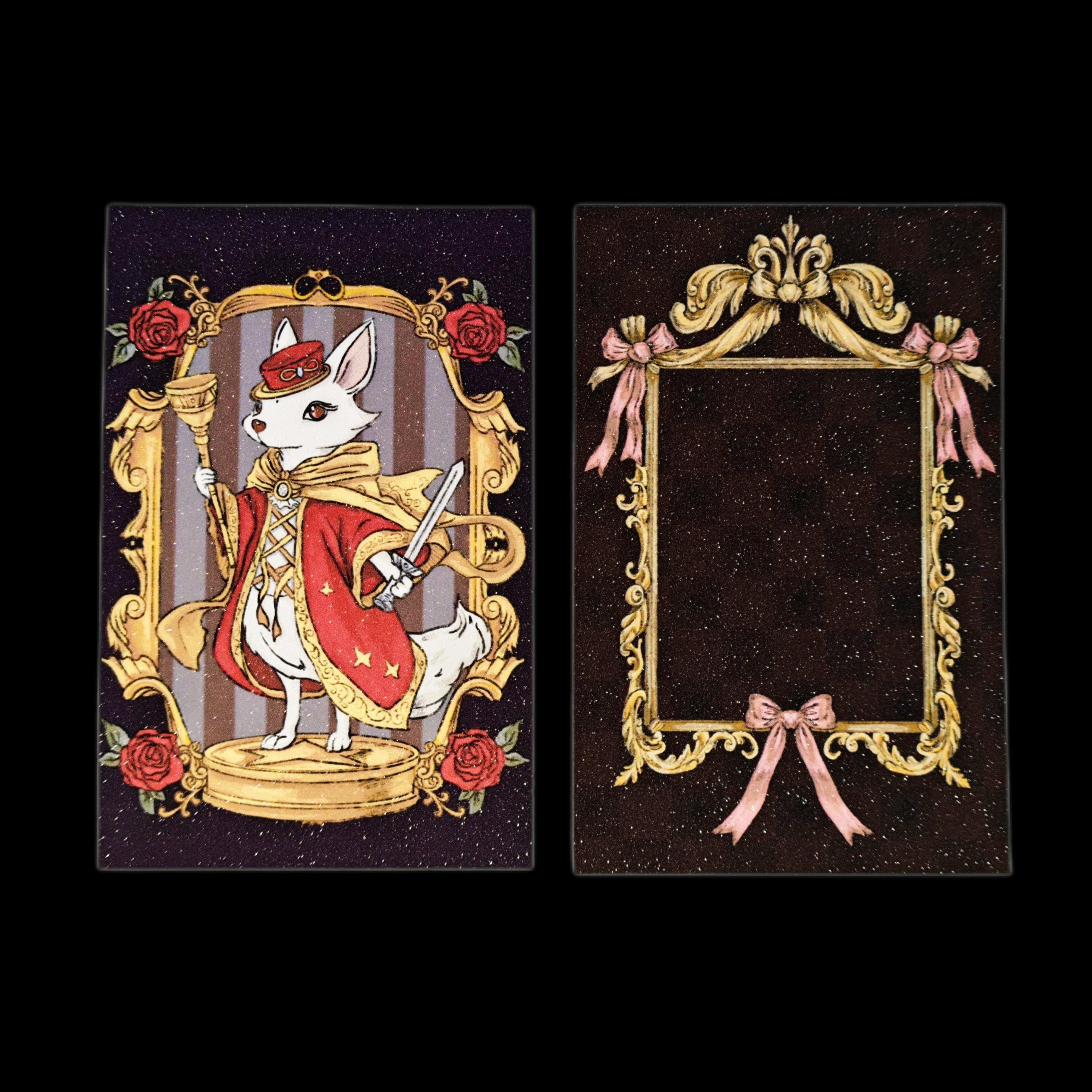 PurpleSea The Fool Royal Rabbit tarot postcard, front and reverse views; a white rabbit in a red cape holding a cup and sword beneath an infinity symbol.