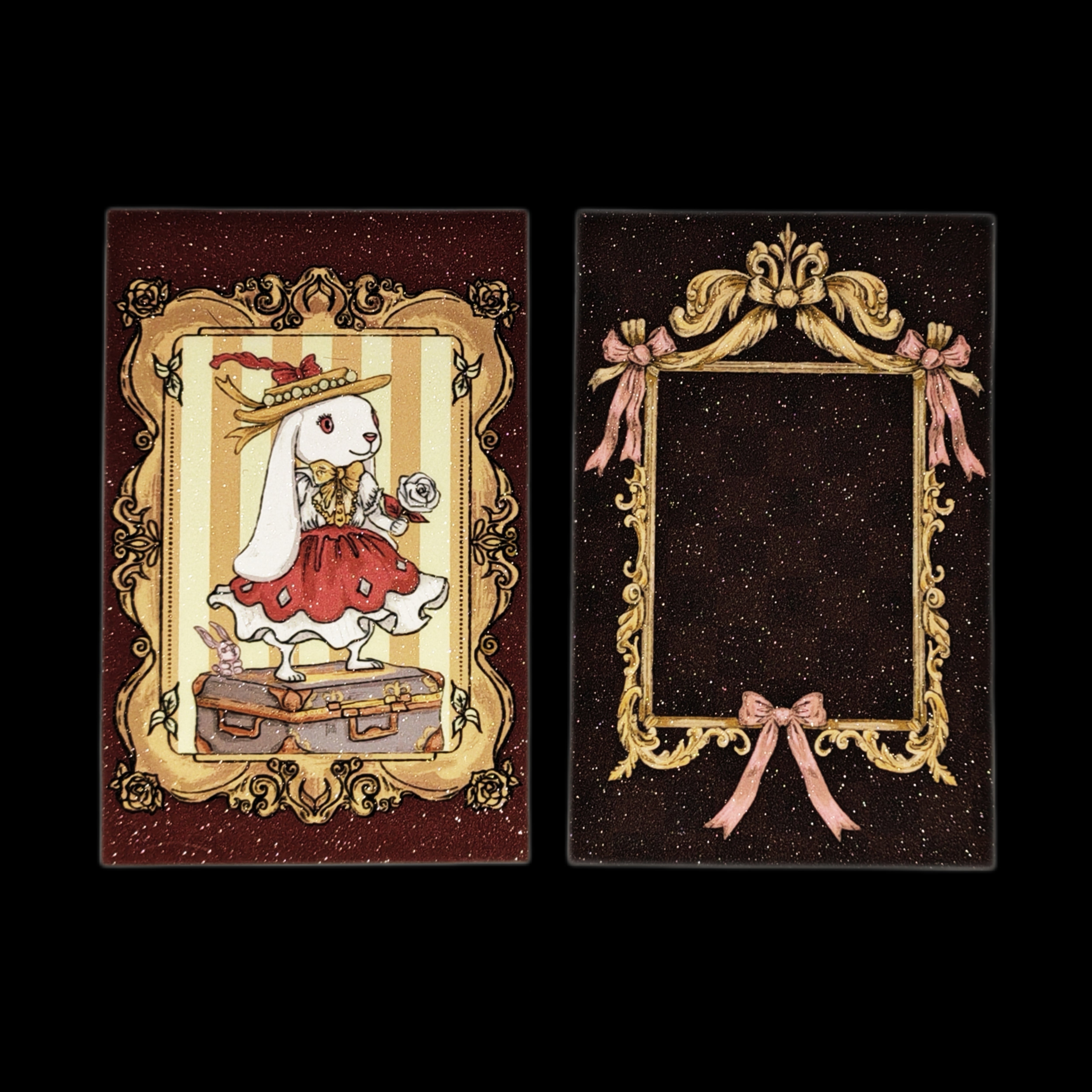 PurpleSea The Fool Storybook Rabbit tarot postcard, front and reverse views; a white rabbit in a red dress standing on a suitcase inside an ornate gold frame.