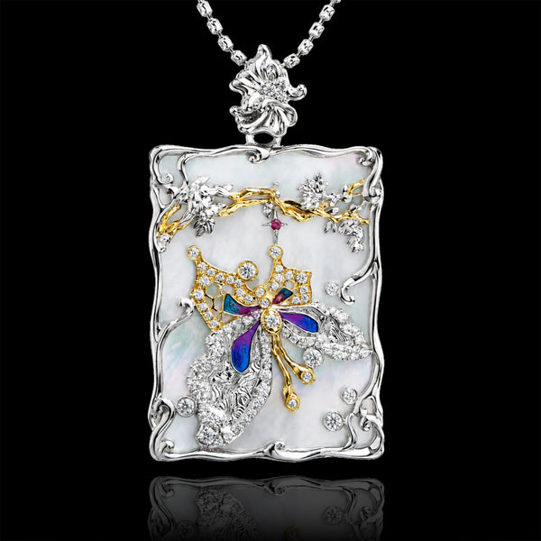 PurpleSea The Hanged Man Tarot Pendant, silver-tone rectangular pendant with white enamel and blue, purple and gold jeweled details, front view on a black background