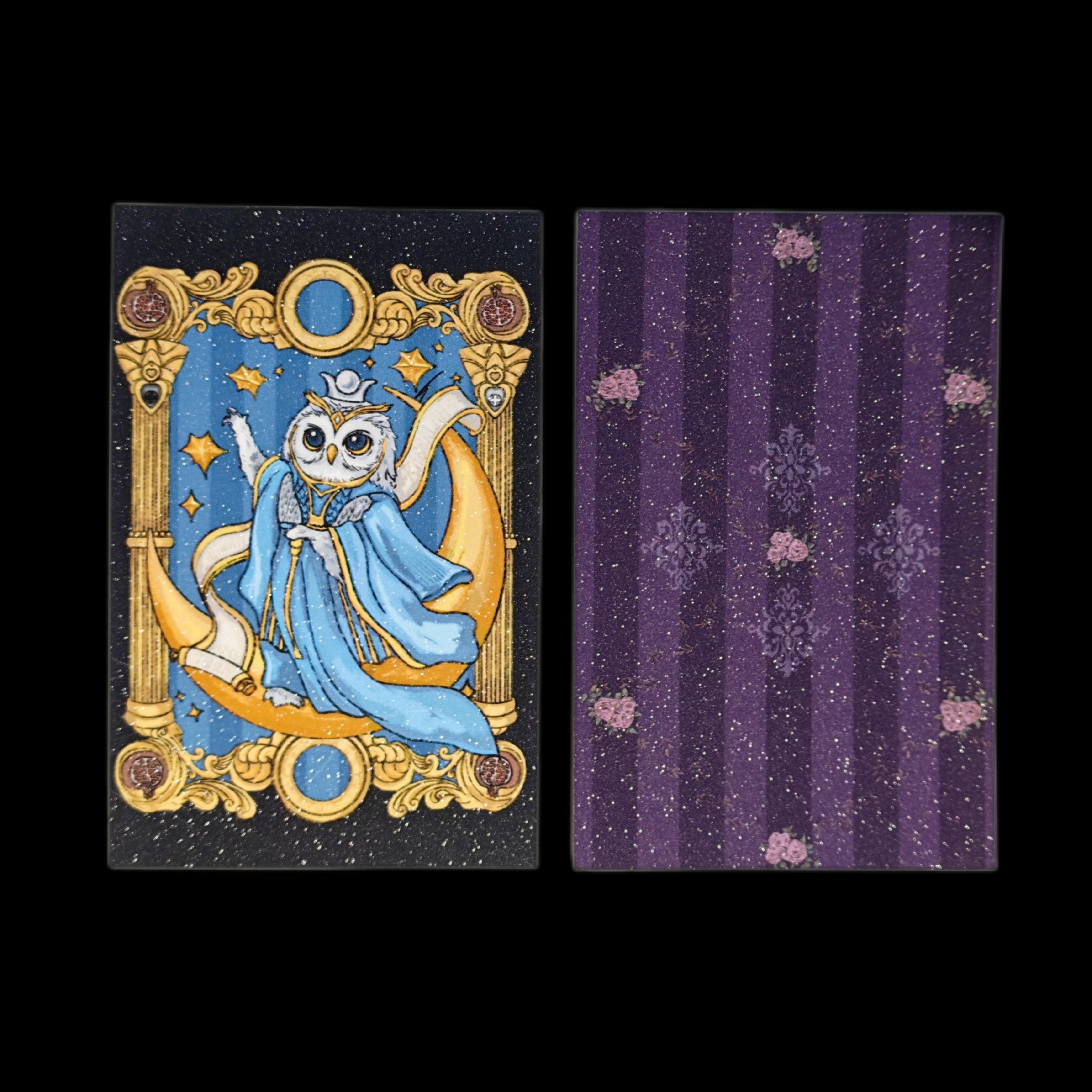 PurpleSea The High Priestess Blue Owl tarot postcard, front and reverse views; a blue-robed owl seated on a crescent moon among stars and gold ornament.