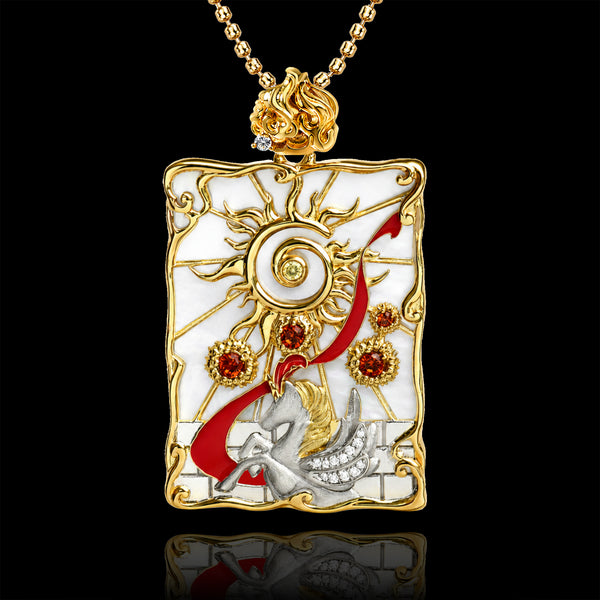 PurpleSea The Sun Tarot Pendant, gold-tone rectangular pendant with white enamel, a spiral sun motif and red accents, front view on a black background