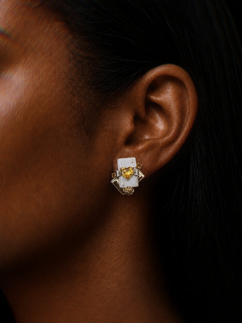 PurpleSea Playing Card Stud Earrings, sterling silver playing-card stud earrings with white card motifs, gold heart details and rose accents, product detail view