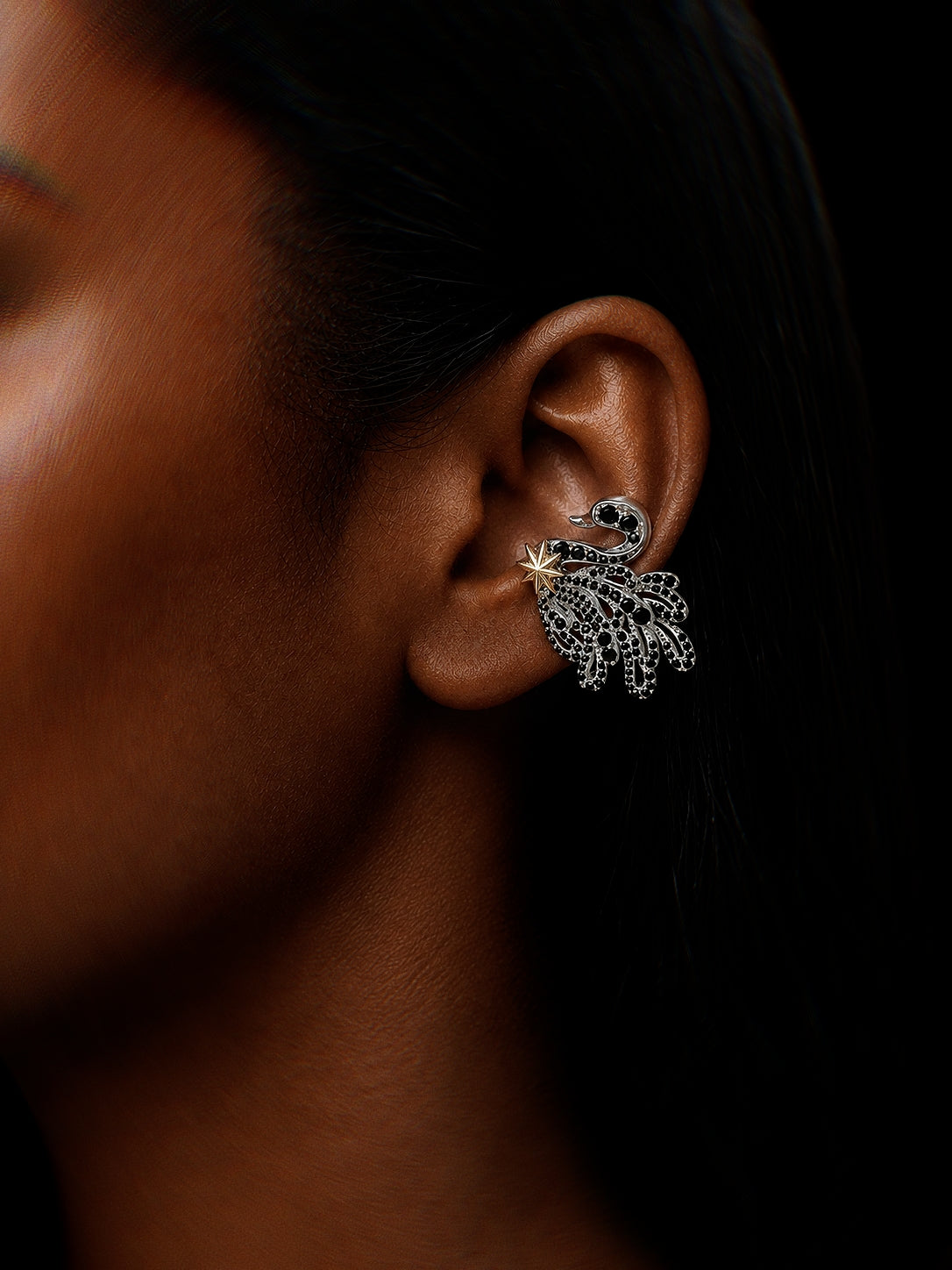 PurpleSea Black and White Swan Ear Cuff, black and white swan ear cuff with pavé-style detailing and small gold star accents, product detail view