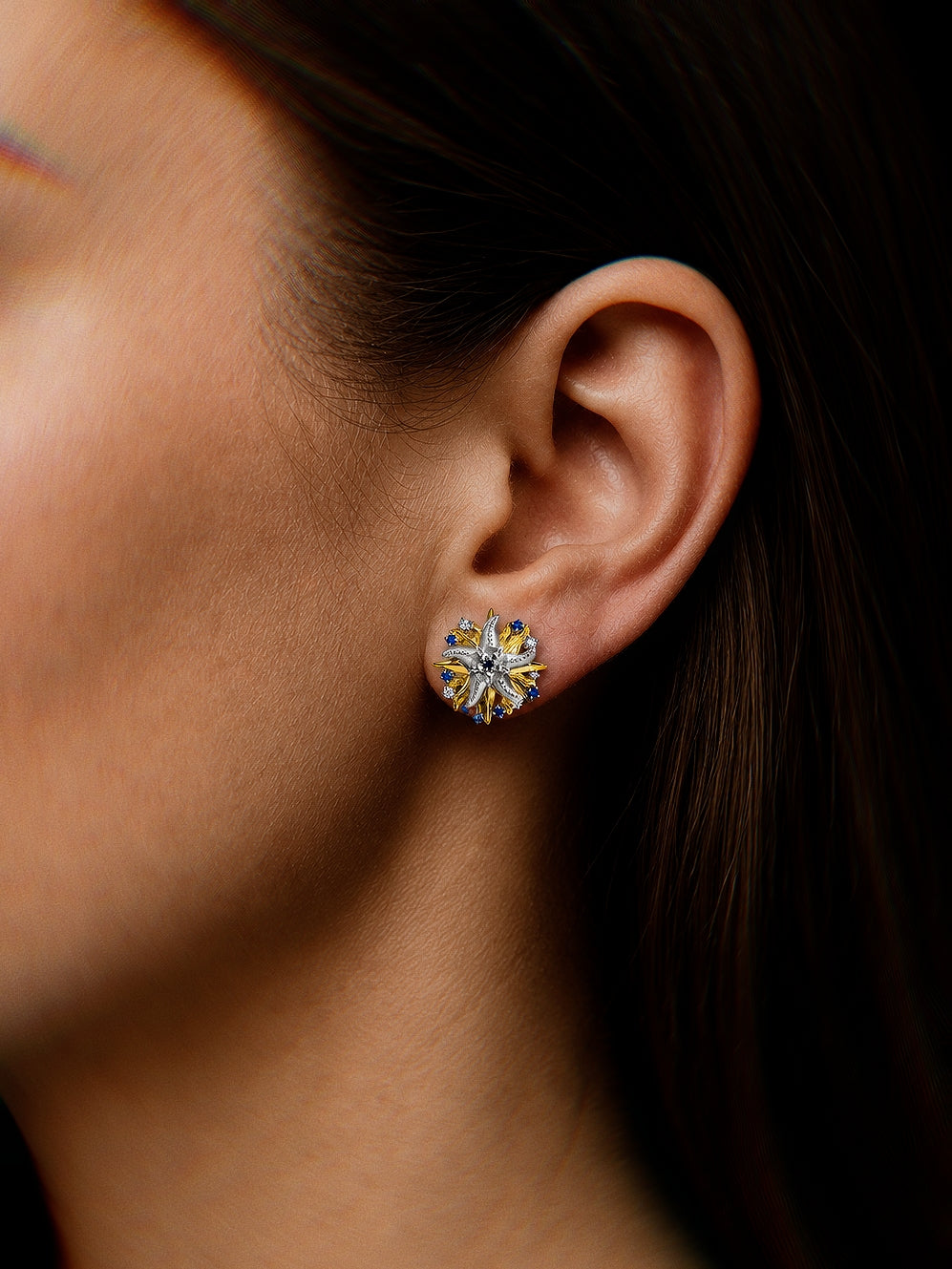 PurpleSea Reborn Starfish Stud Earrings, two-tone starfish stud earrings with textured silver arms, gold accents and clear stone details, product detail view