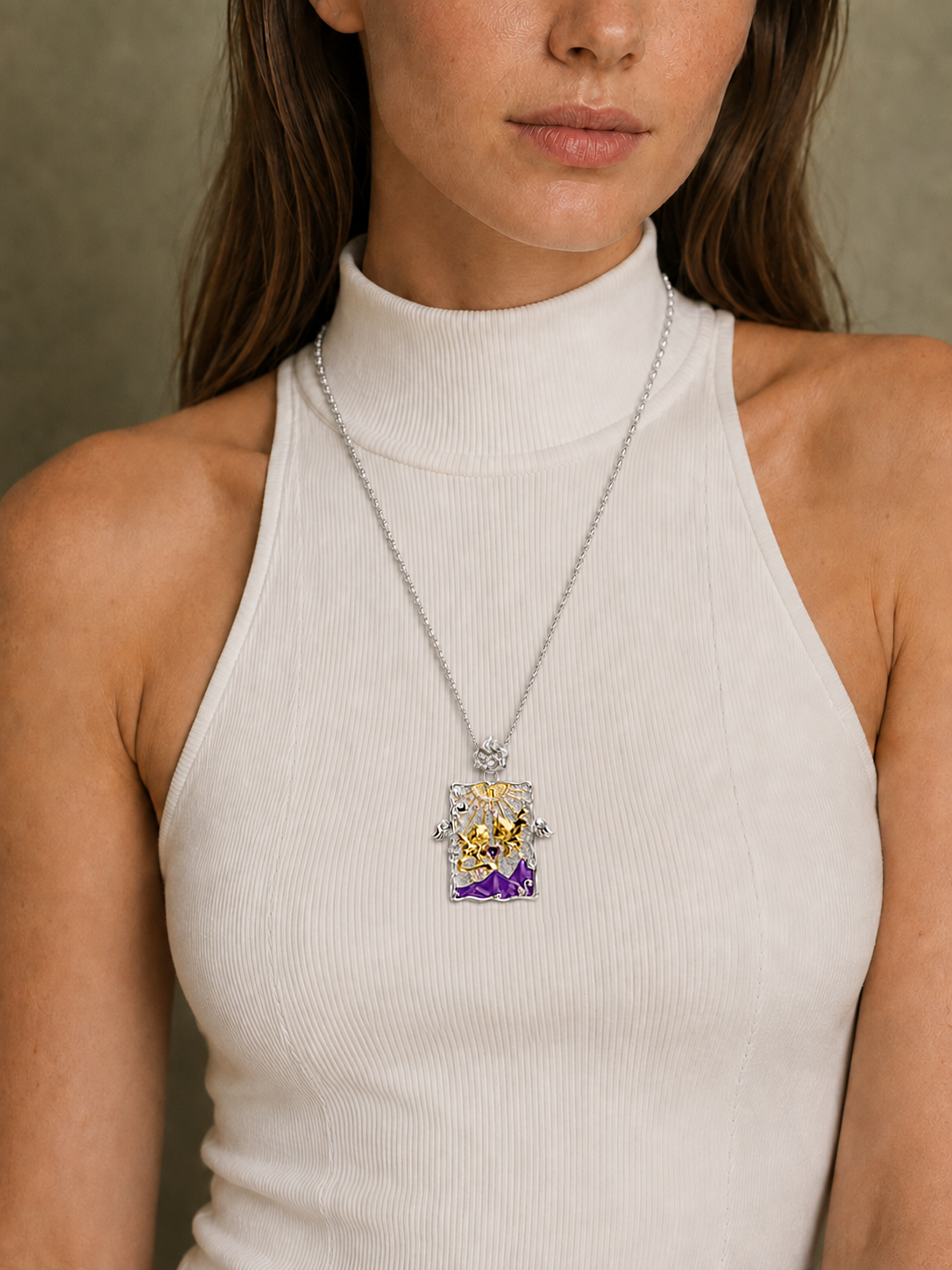 PurpleSea The Lovers Pendant, tarot pendant with silver-tone framing, white and purple enamel, gold figures and dangling side details, shown worn as a necklace on a model